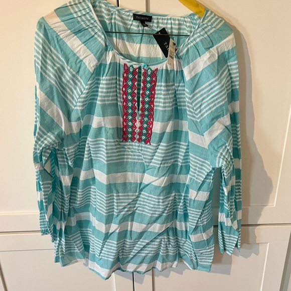 Talbots Tops - NWT Talbots Turquoise and White Striped Peasant Top with beaded Panel